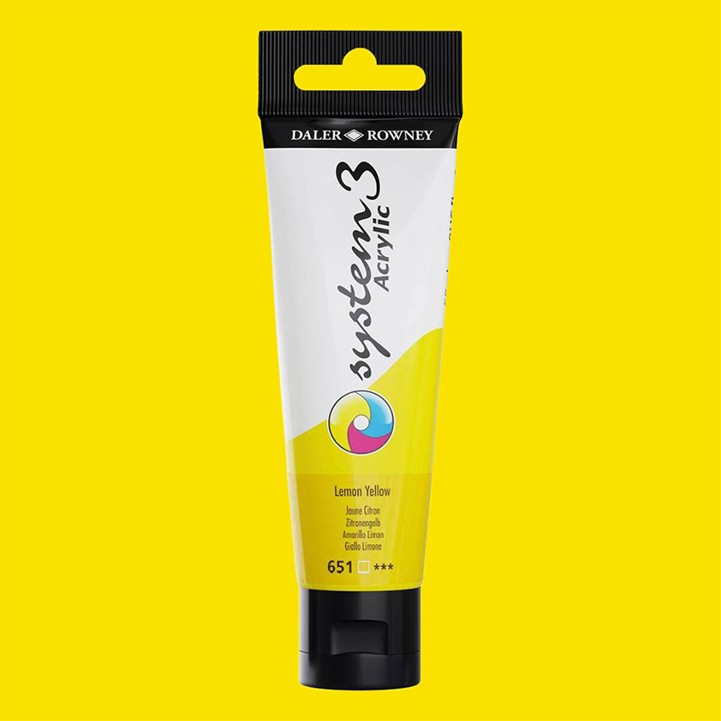 Tub med Lemon Yellow från System3 Daler-Rowney som innehåller pigmentet Hansa Yellow Light PY3