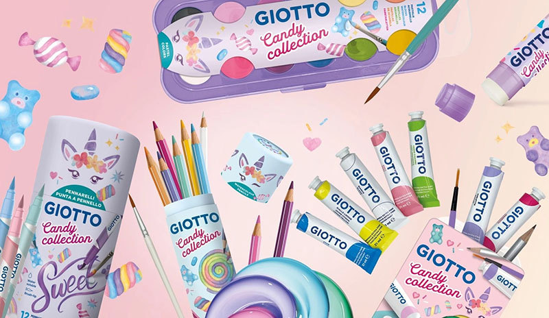 En samlingsbild över Giotto Candy Collection färger och pennor för barn