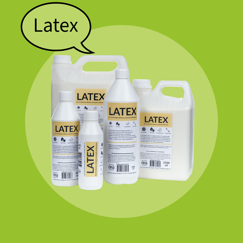 Alla storlekar med Cria Förvulkad latex, flaskor med 250 ml, 500 ml och 1 liter samt dunk med 2,5 liter och 5 liter. Med grön bakgrund.