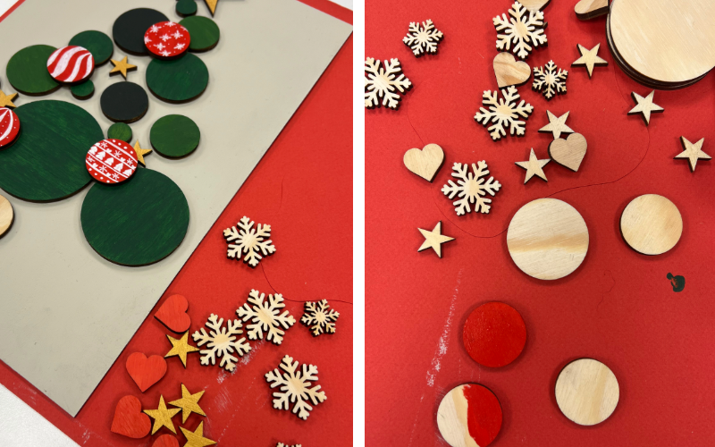 Träformer cirklar, stjärnor, hjärtan och snöflingor Träformer cirklar, stjärnor, hjärtan och snöflingor som sätts på julgran