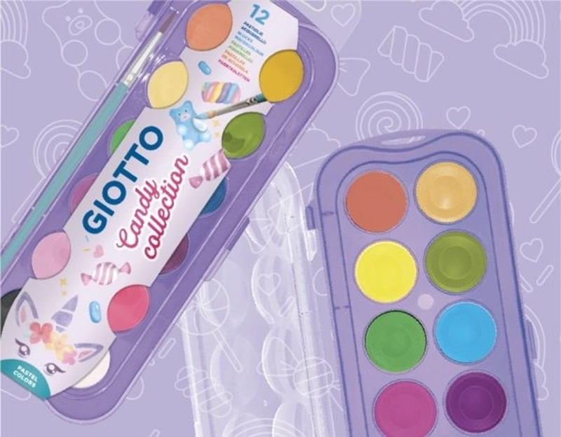 Vattenfärger från Candy Collection Giotto. På bilden en öppen förpackning med akvarellfärger i pastellfärg