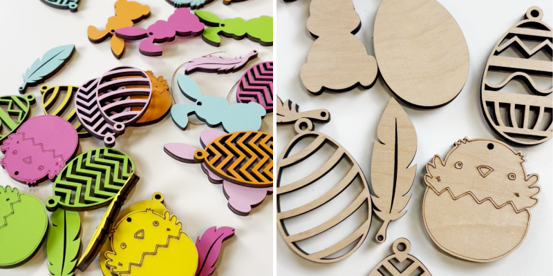Påskdekorationer i trä i olika former som kan målas och dekoreras