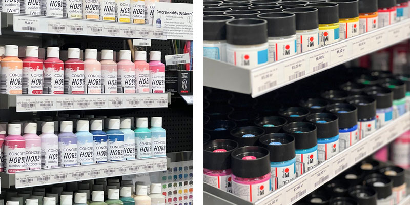 Concrete hobby outdoor color och Marabu Decorlack i butikshyllor