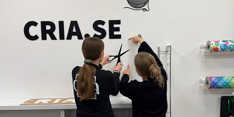 Josefine och Emelie i butiken Josefine och Emelie hänger upp skyltar i butiken
