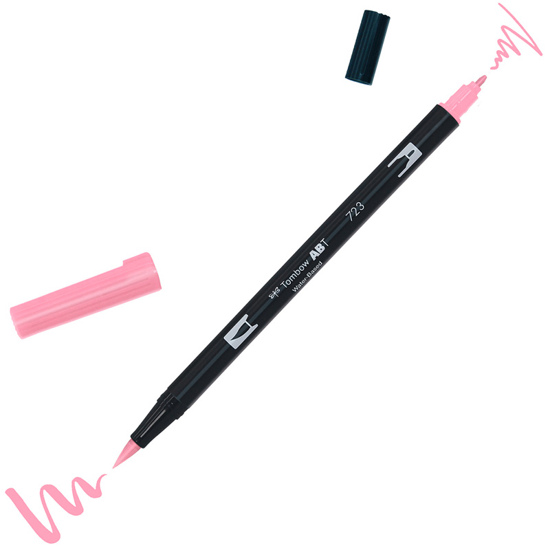 En rosa Tombow ABT dual brush pen med båda korkarna avtagna och båda linjebreddarna uppritade