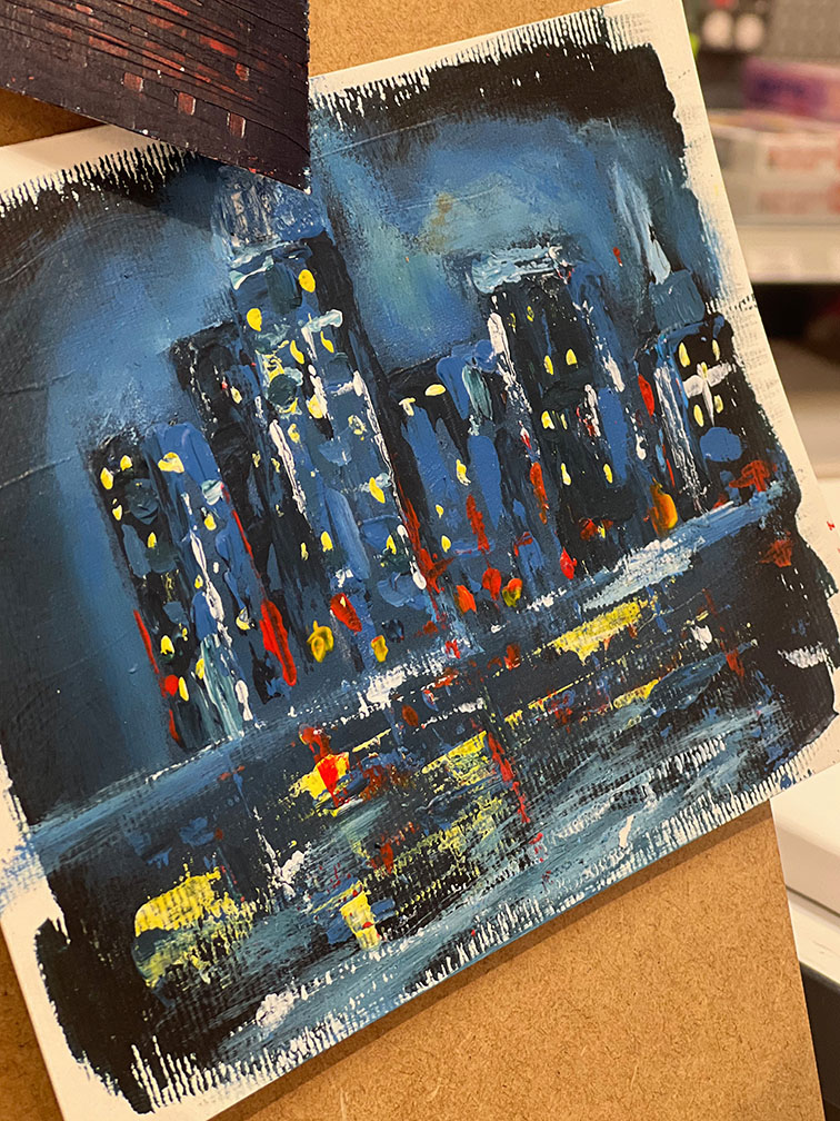 Abstrakt målande av stad med akrylfärg på papper
