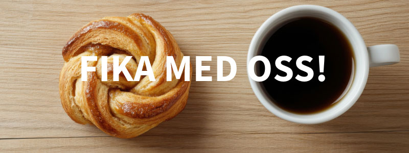 En bild på en bulle och en kopp kaffe som illustrerar att man kan komma på fika-fredag hos Cria