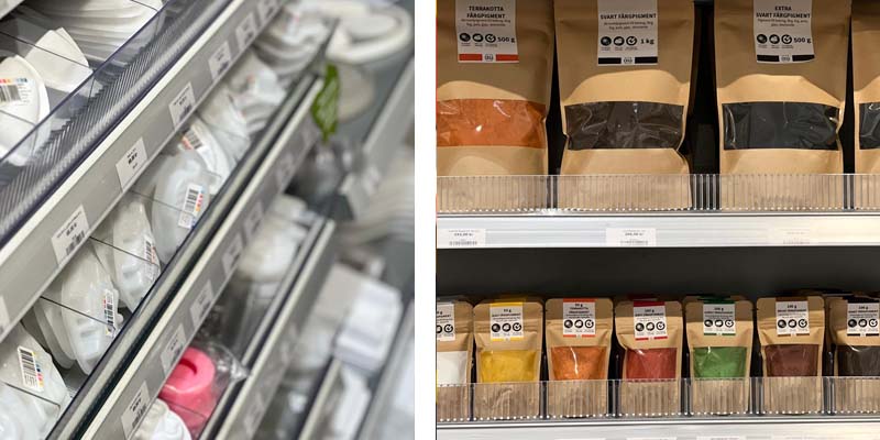 Hyllor med gjutformar och färgpigment till betong i butikens hyllor