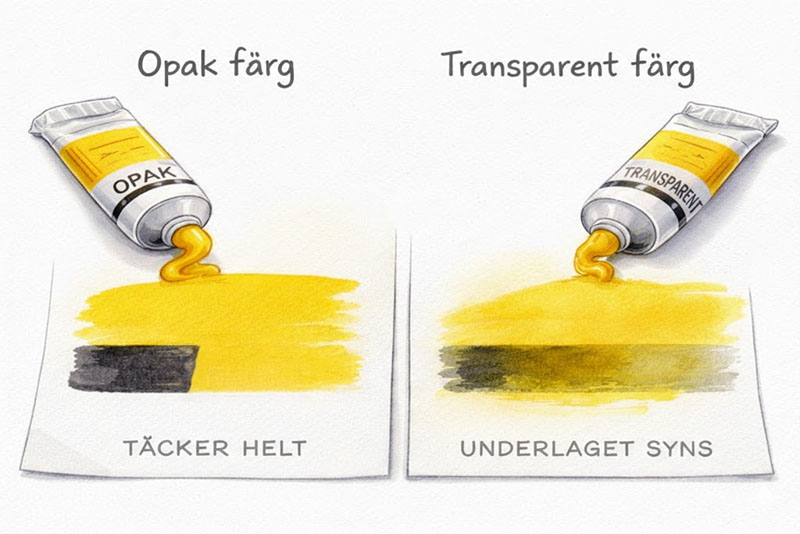 En illustration som visar hur opak färg täcker medan transparent färg låter underlaget synas igenom.