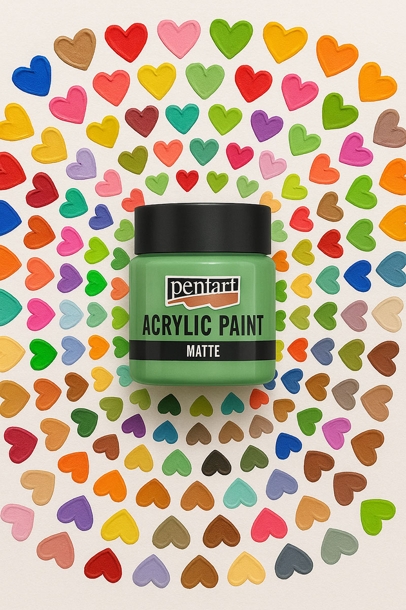 Pentart Acrylic Paint Matte med massa hjärtan runt om, ai-genererad bild för att visa färgerna i serien på ett roligt sätt