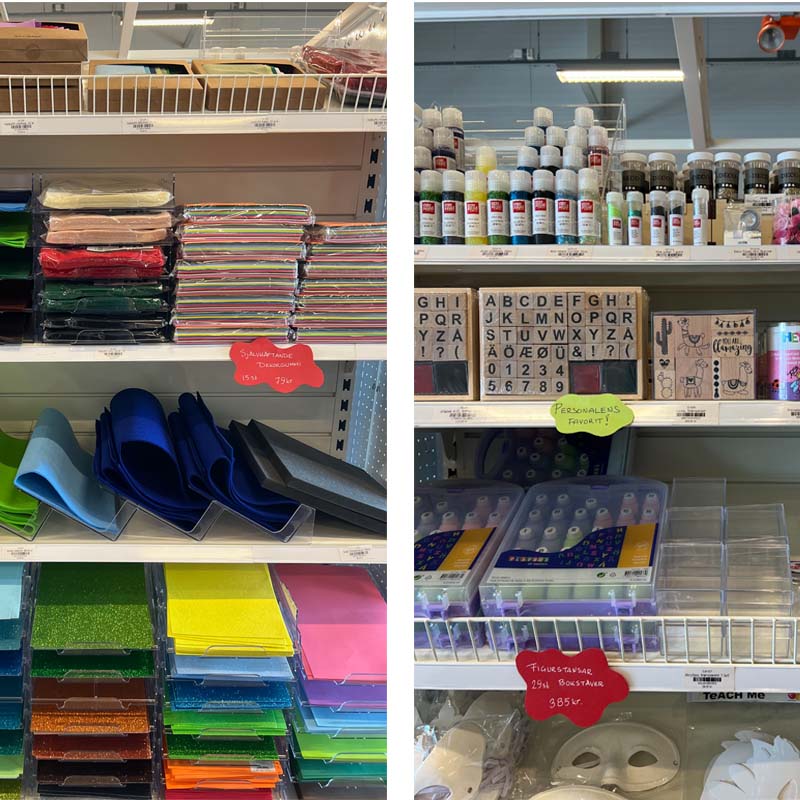 Blandade hyllor i Crias butik. Vi flyttar om så varorna får dela plats, rörigt, men mysigt.