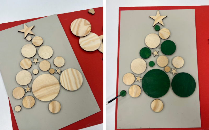 Träformer formade som julgran Träformer som målas i gröna nyanser