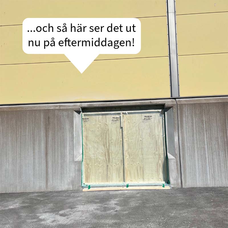 Plywood, en provisorisk lösning för det inte ska vara öppet rakt in i lokalen hos Cria. Bild på fasaden.