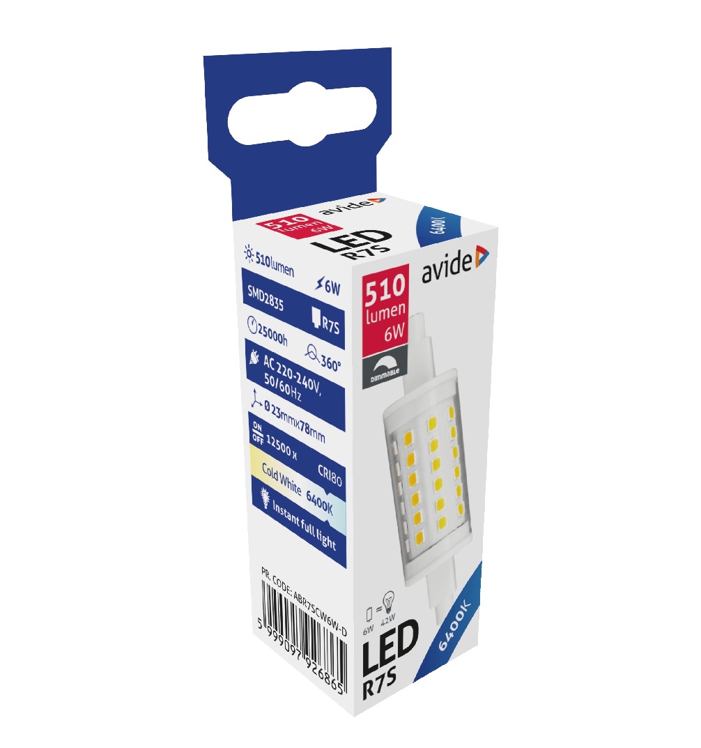 Avide | R7S-lampa | 6W | Kallvit 6400K | Dimbar