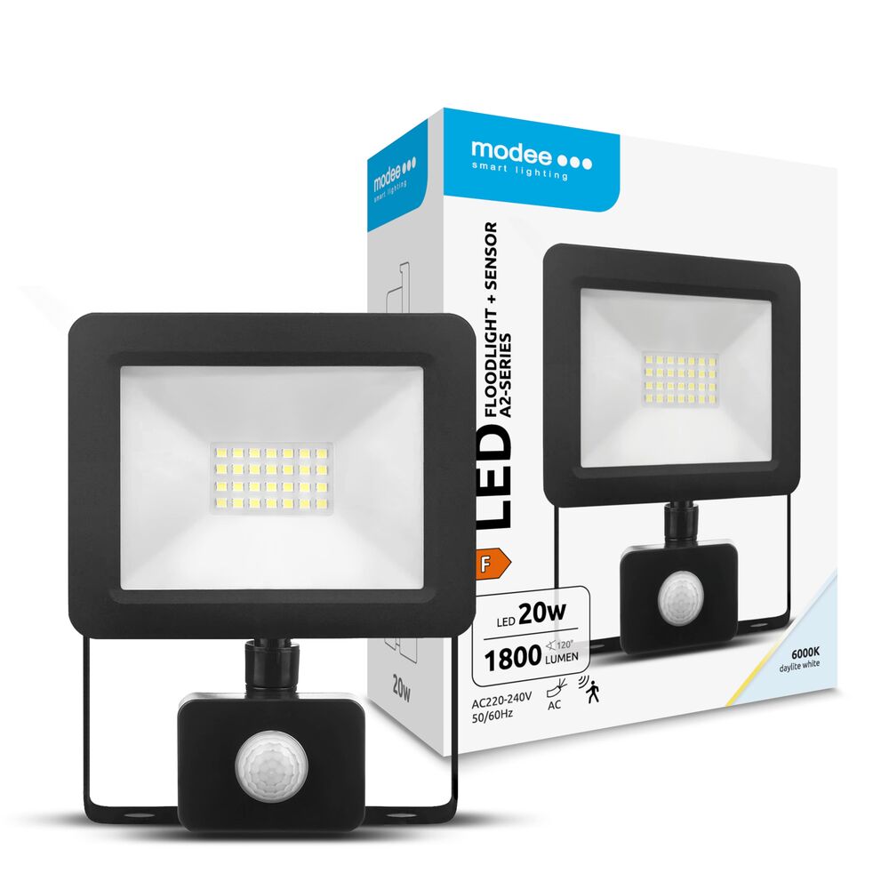 Modee Lighting LED strålkastare 20W | Kallvit 6000K | IP65 | + sensor