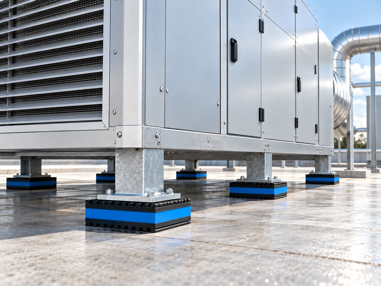 Blå vibrationsdämpare under ett stort ventilationsaggregat