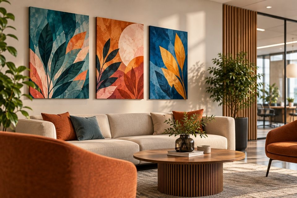 Färgglada ljuddämpande tavlor ovanför en soffa i en modern lounge