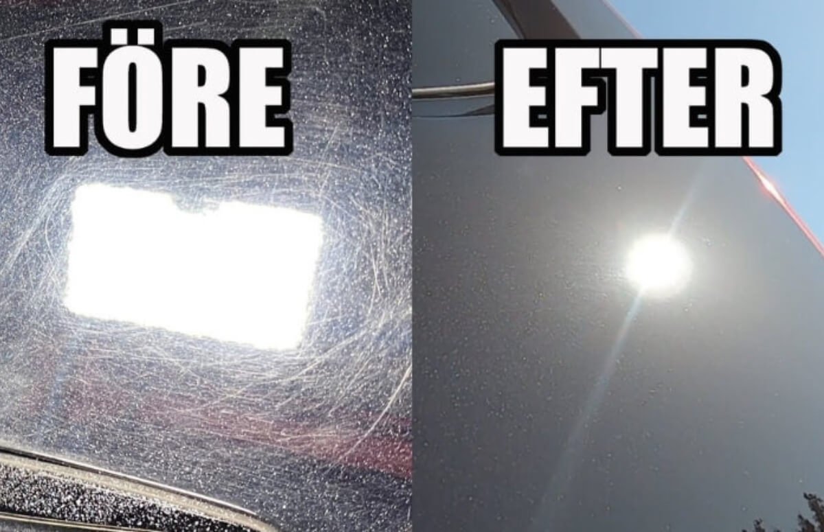 före och efter bild på repad bil och nypolerad bil