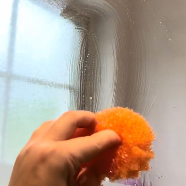 skrubbar duschvägg av glas med fälgsyra och mjuk svamp