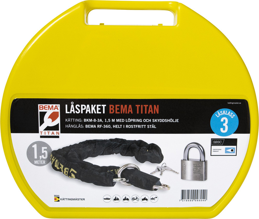 Låspaket Titan klass 3 hänglås, kätting (1.5 meter) Bema