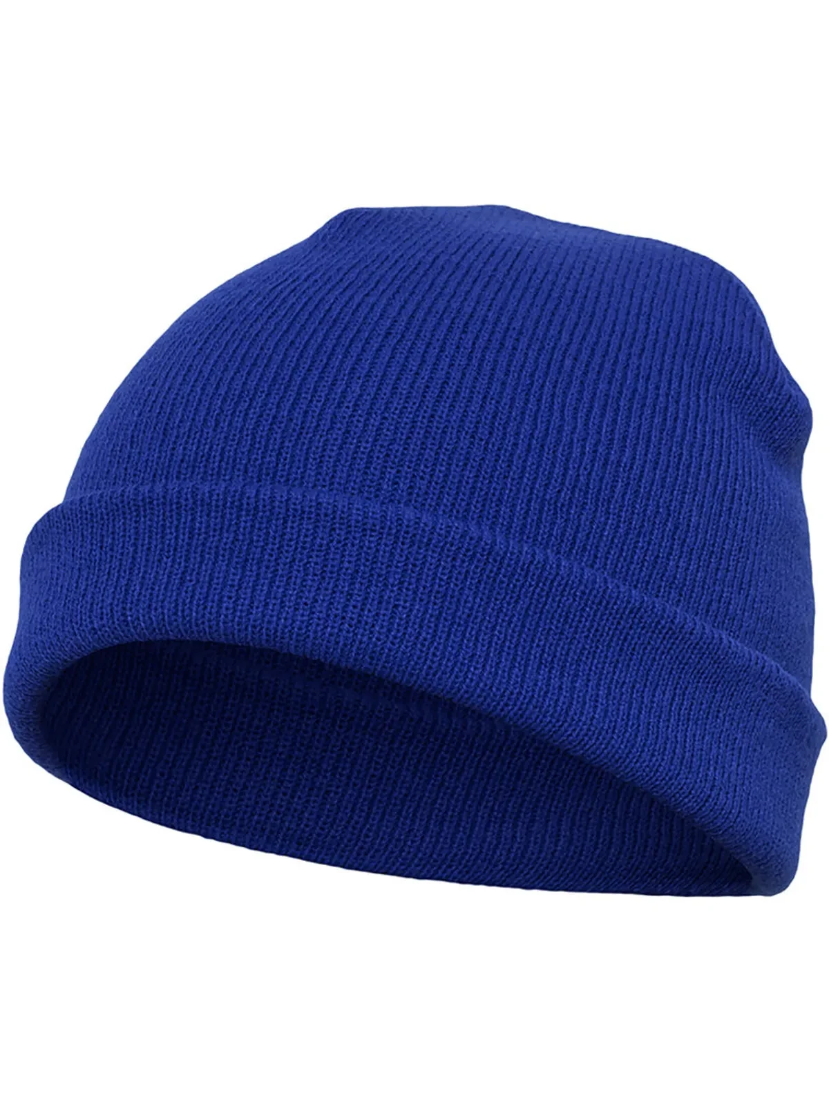 Yupoong Heavyweight Beanie Short Royal, kort ribbstickad sotarmössa med uppvikt kant