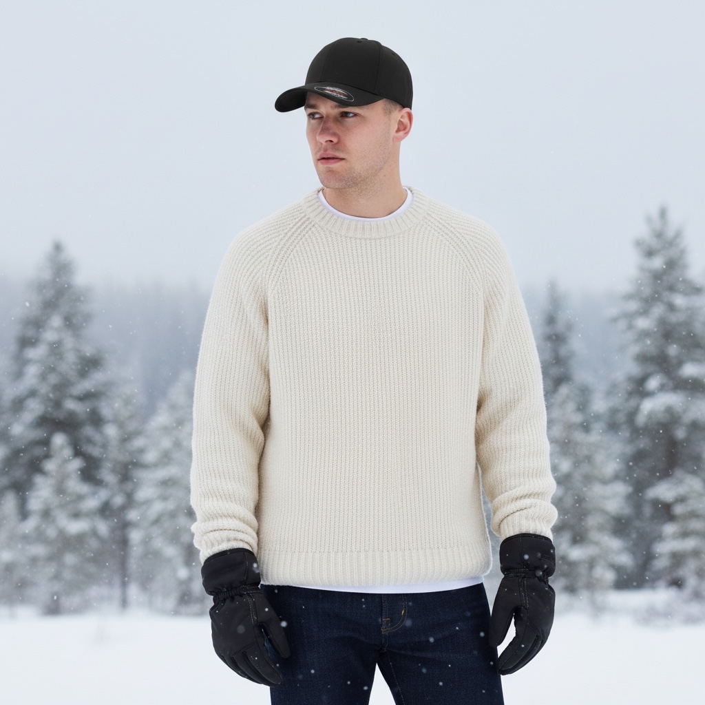 Man utomhus i vintermiljö med svart Flexfit-keps och ljus stickad tröja.