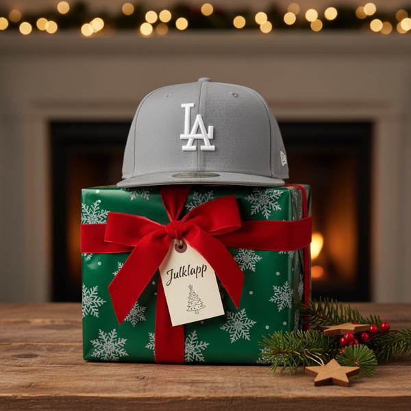 Grå LA-keps placerad på julklappspaket med rött band framför julig bakgrund.