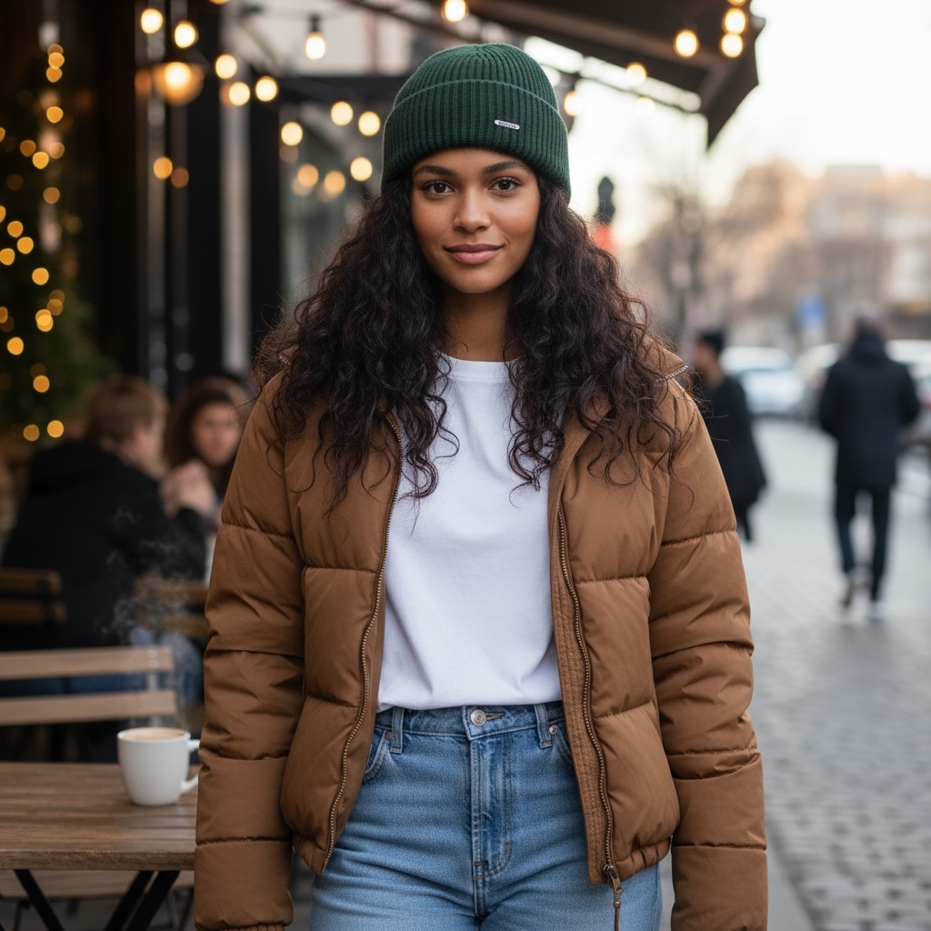 Kvinna på stadsgata med grön stickad mössa, brun jacka och vit tröja.