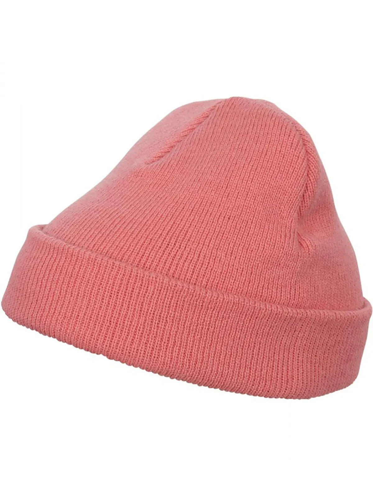 Yupoong Heavyweight Beanie Short Coral, kort ribbstickad sotarmössa med uppvikt kant