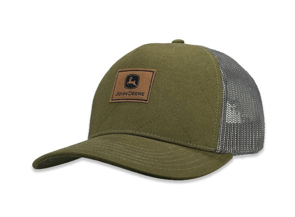 Grå och olivgrön John Deere Quilted Foam Canvas-truckerkeps med läderpatch