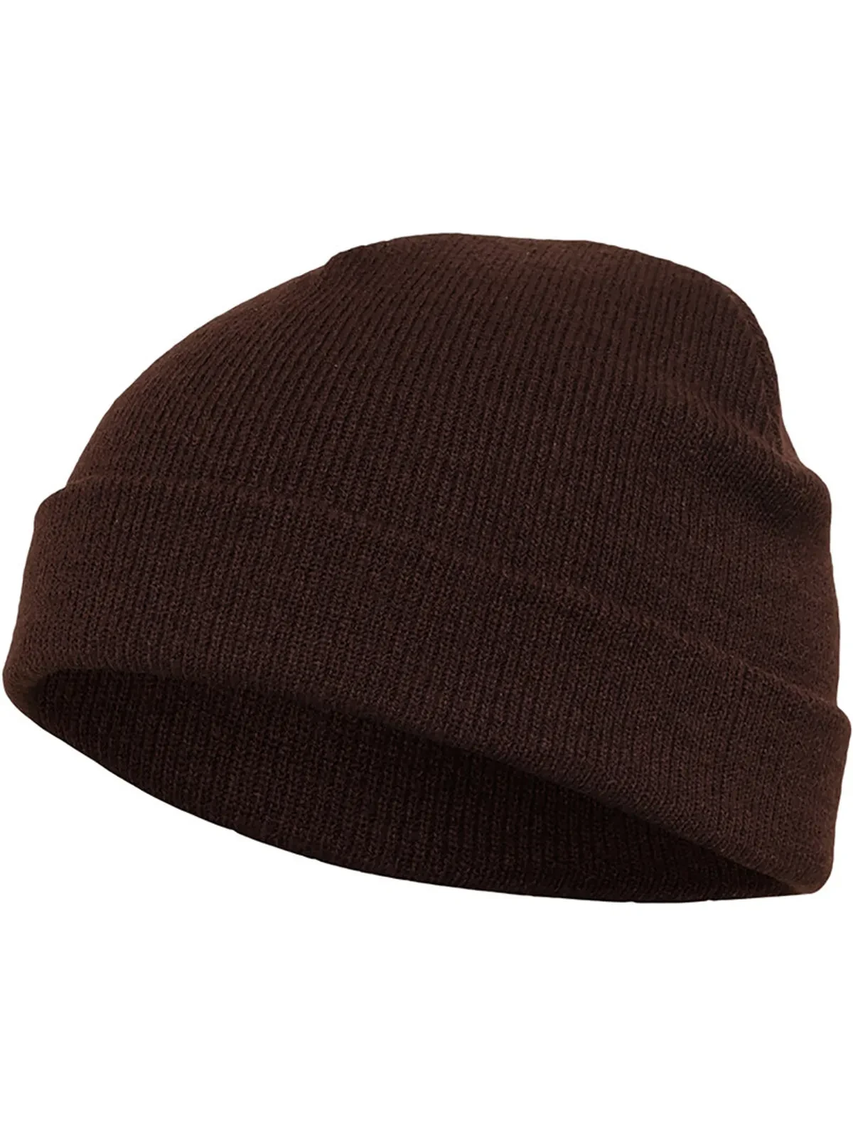 Yupoong Heavyweight Beanie Short Brown, kort ribbstickad sotarmössa med uppvikt kant