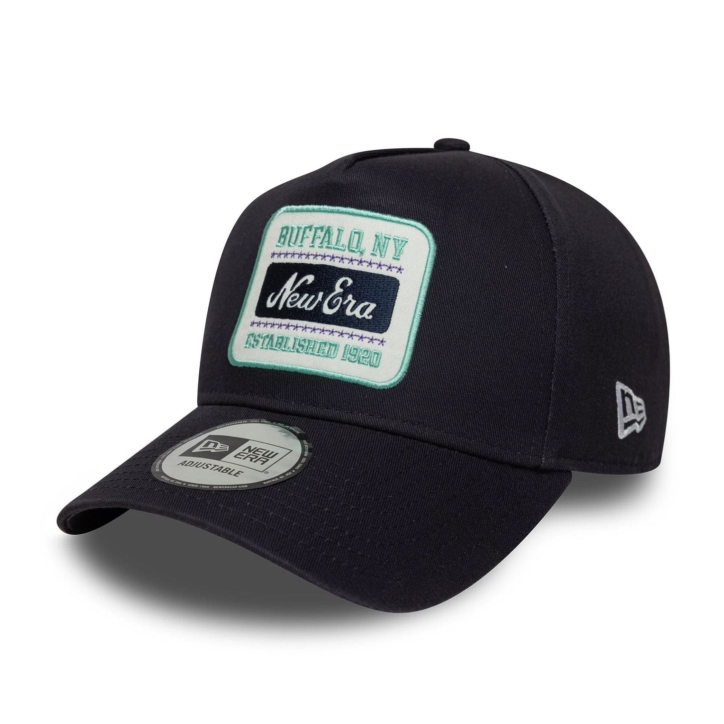 Marinblå New Era 9FORTY E-Frame Washed Patch med patch framtill och böjd skärm