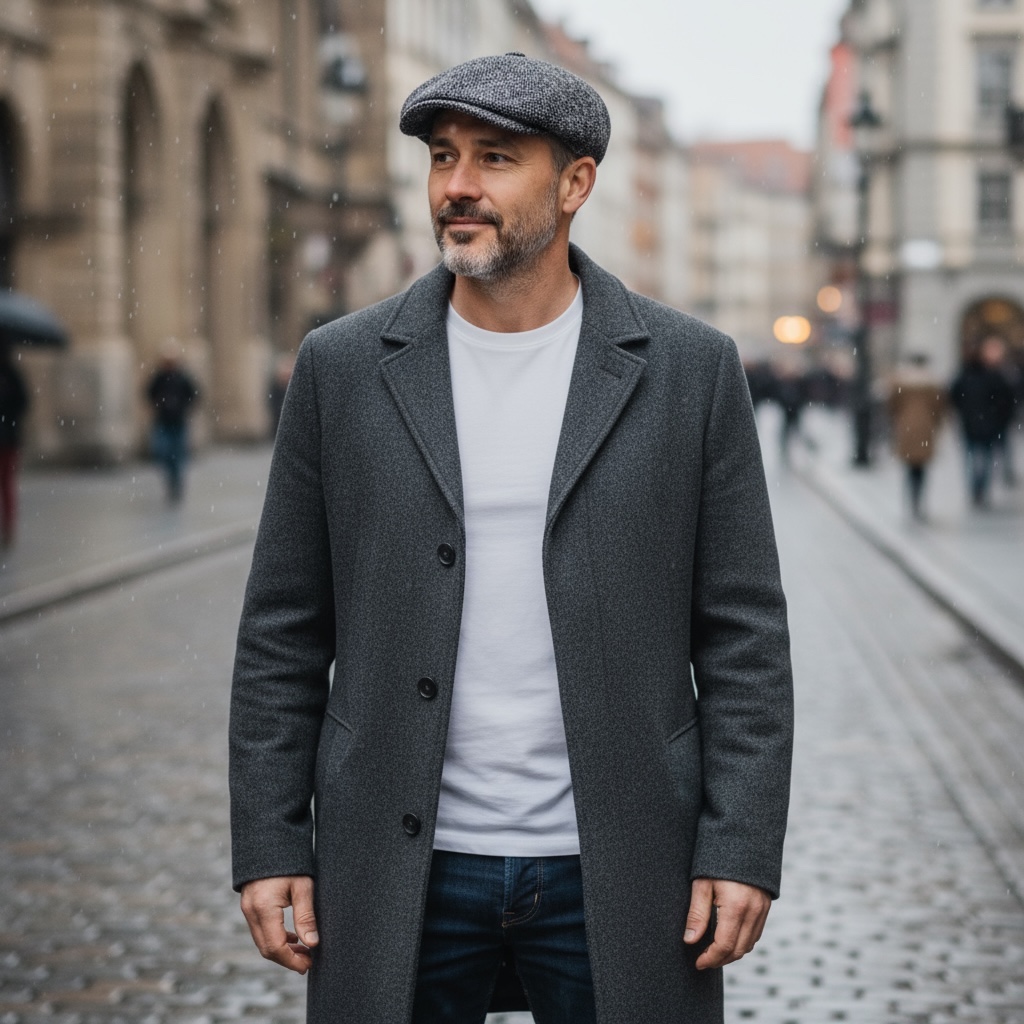 Man på stadsgata med grå flat cap och mörkgrå kappa.
