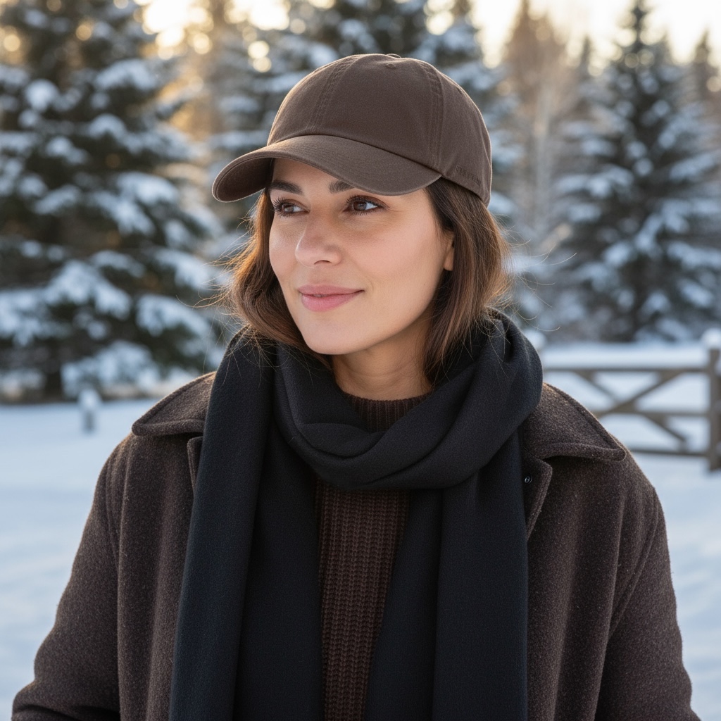 Kvinna utomhus i vintermiljö med brun reglerbar keps och mörk halsduk.