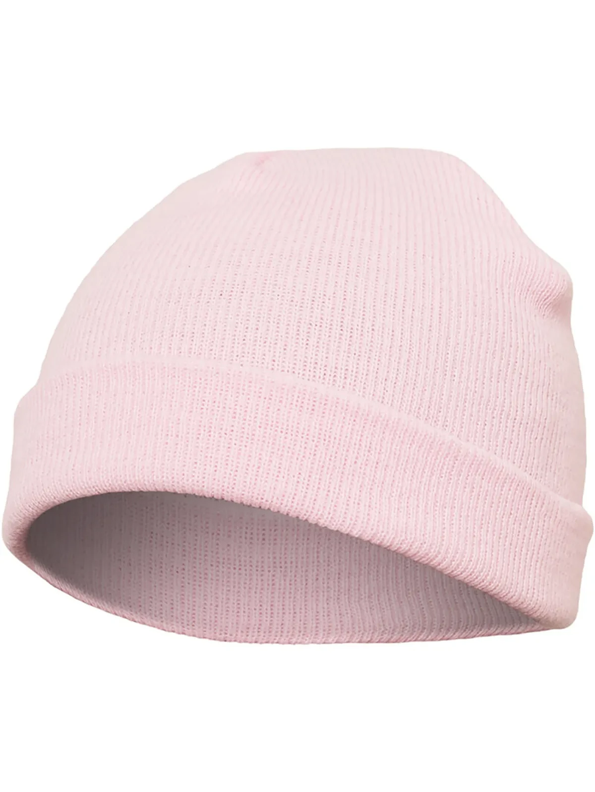 Yupoong Heavyweight Beanie Short Baby Pink, kort ribbstickad sotarmössa med uppvikt kant