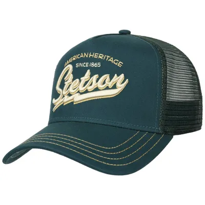 En petrolium blå trucker keps, på fronten är Stetson logo broderat med texten " Stetson -American Heritage since 1865" i ljus gul färg.