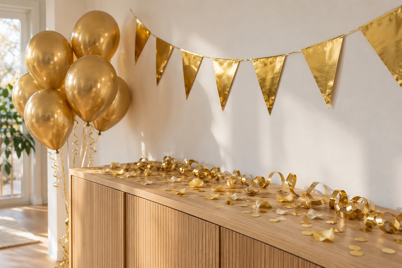 Inspirationsmiljö med födelsedagsdekorationer i guld