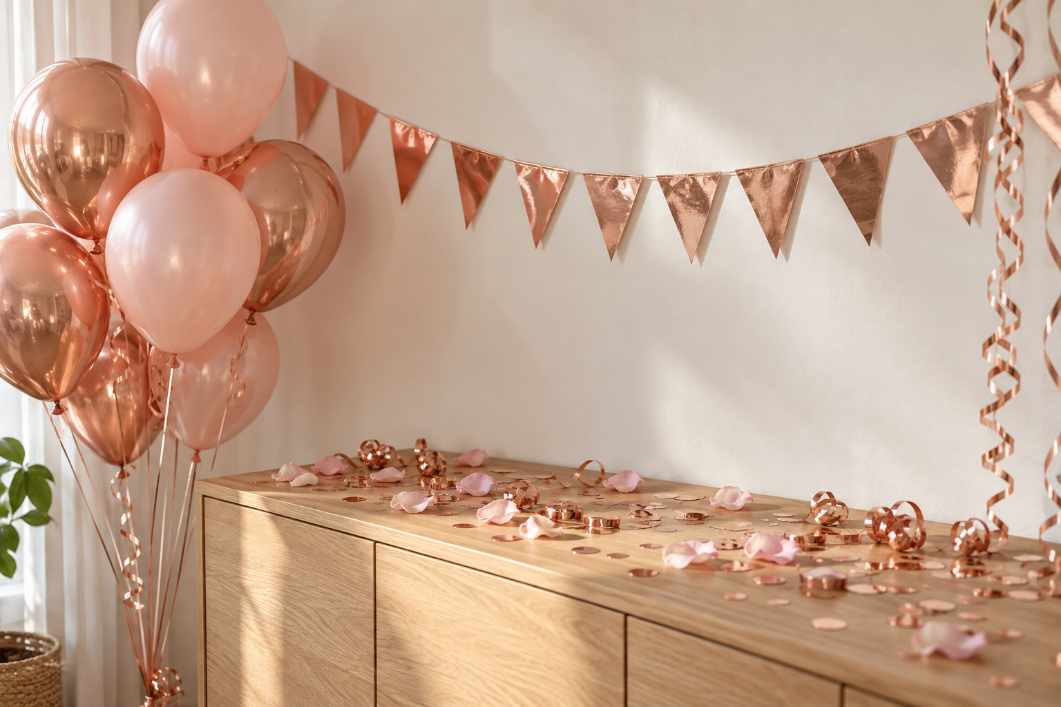 Inspirationsmiljö med födelsedagsdekorationer i roséguld