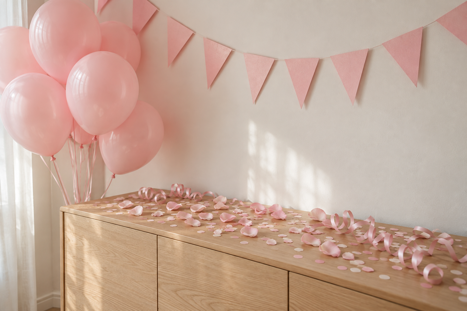 Inspirationsmiljö med födelsedagsdekorationer i rosa