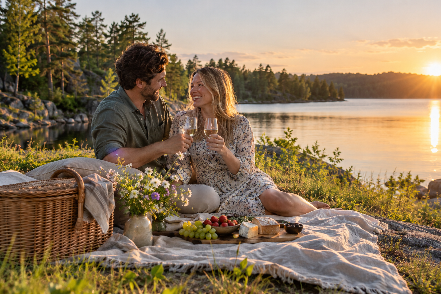 Ett par firar tillsammans under en picknick vid en sjö i kvällssol
