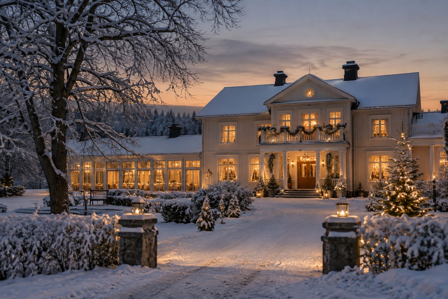 En bröllopslokal med varma fönster och snötäckta träd