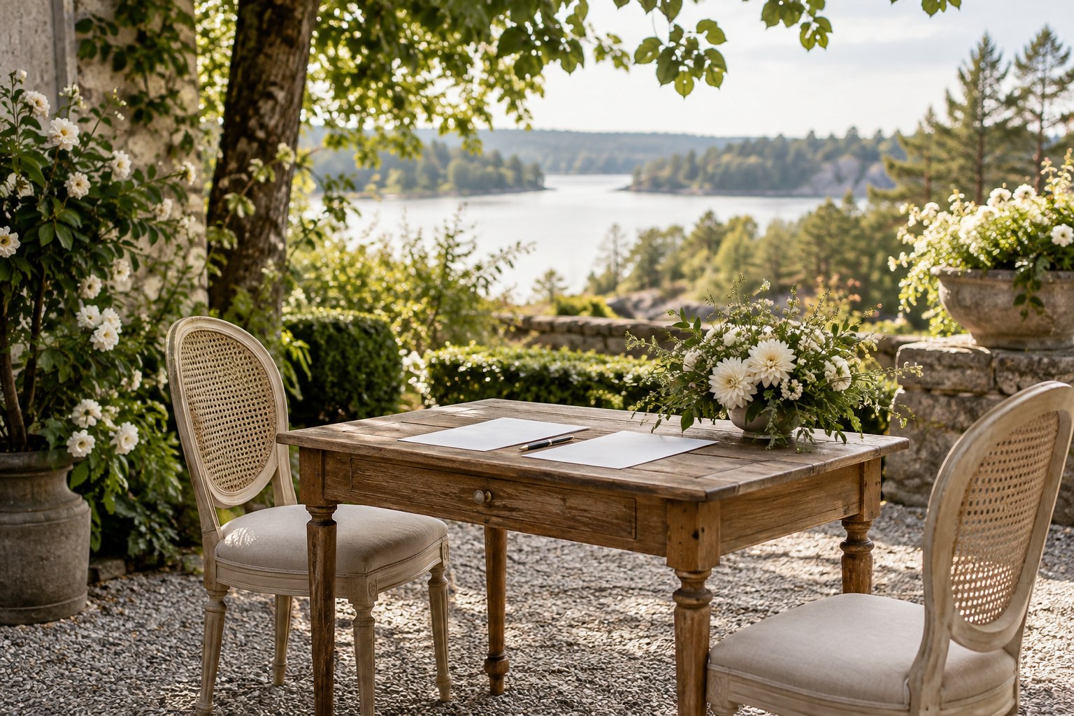 Ett bord med penna och tomma papper förberett för vigselceremonin