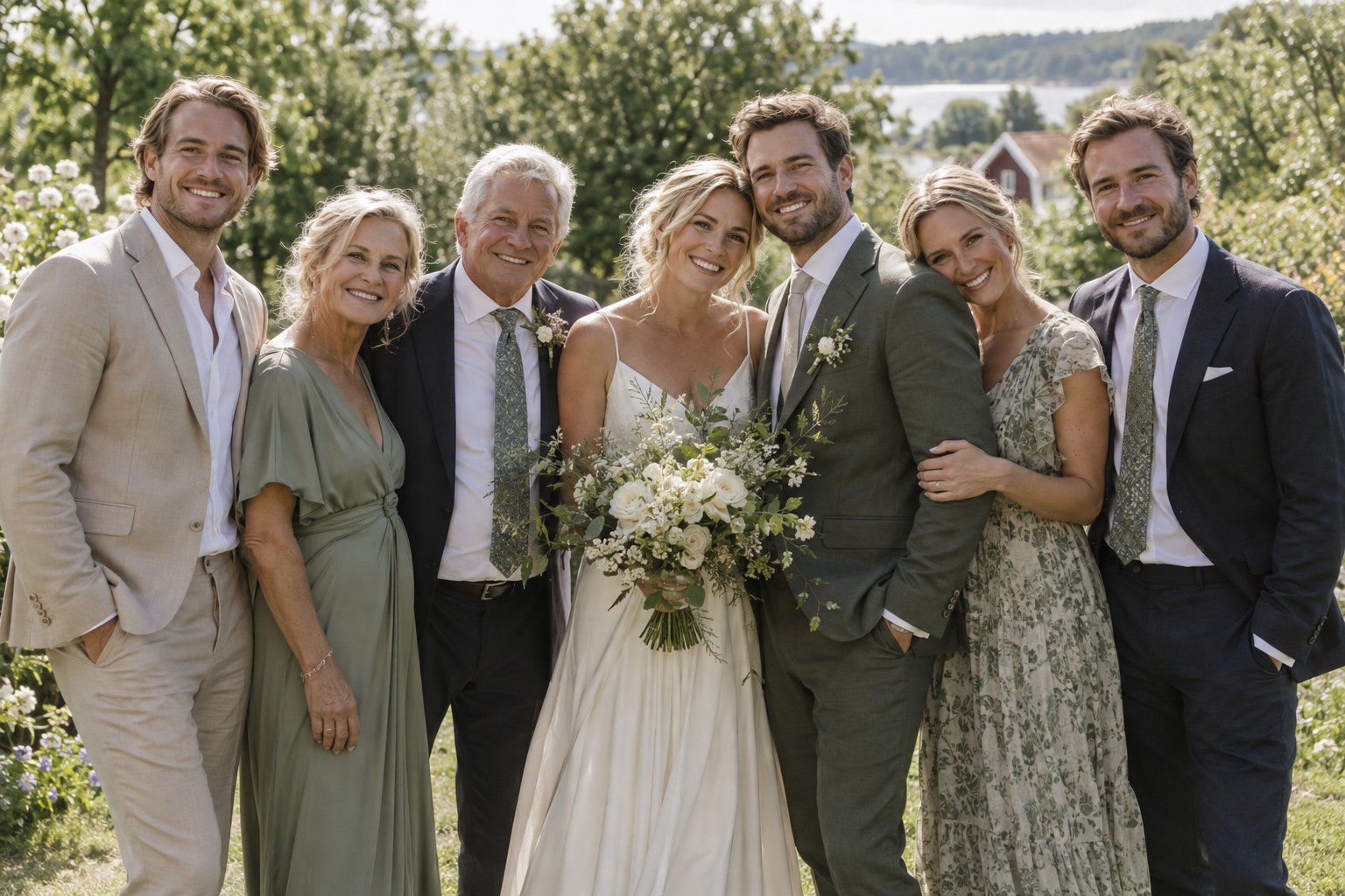 Bröllopspar med familj i en grön trädgård