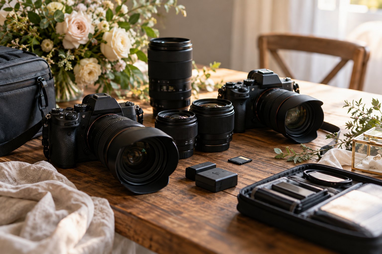 Kamerautrustning inför bröllopsfotografering
