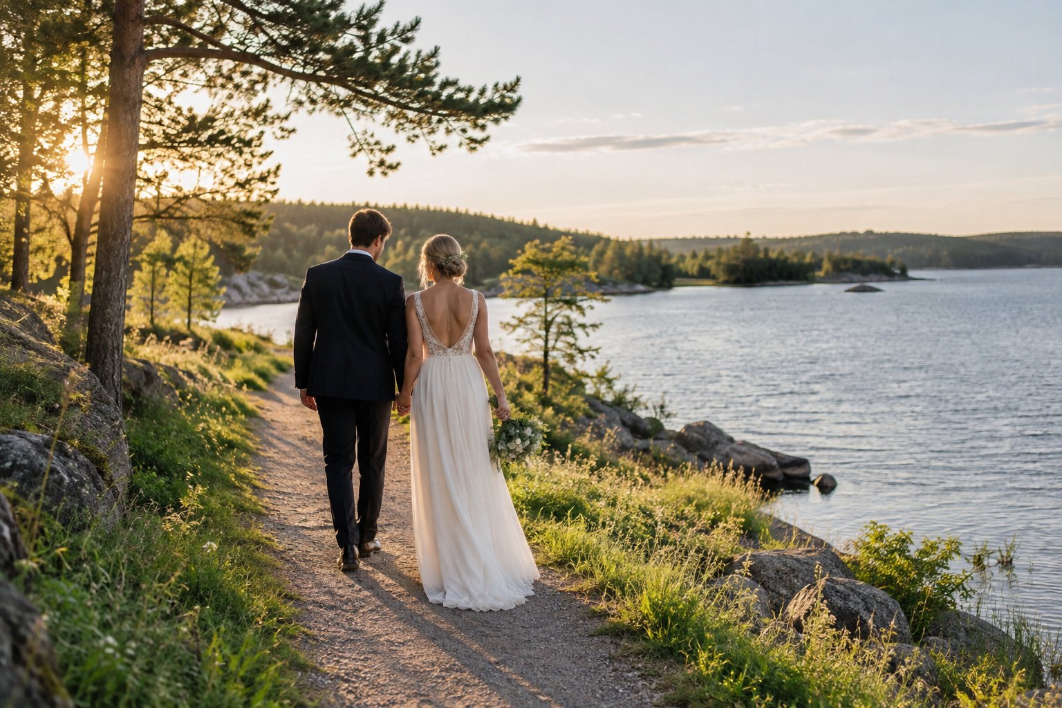 Brudpar som promenerar vid vattnet