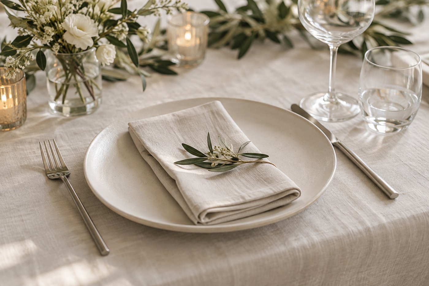 En elegant bröllopsdukning med porslin, linneservett och klara glas