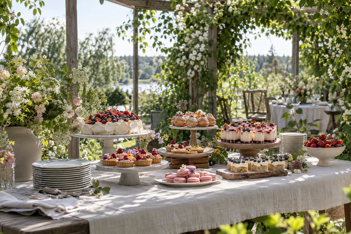 Ett dessertbord med små bakverk i en grön trädgård