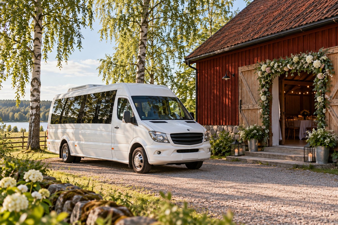 Minibuss utanför en svensk bröllopslokal