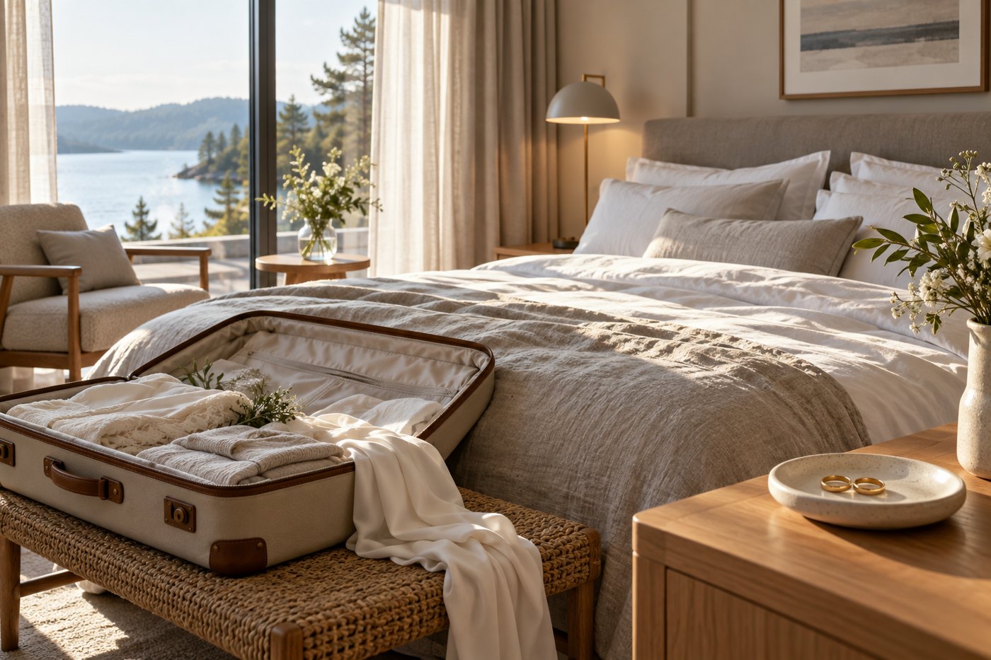 Bröllopsringar och packad väska i ett ljust hotellrum
