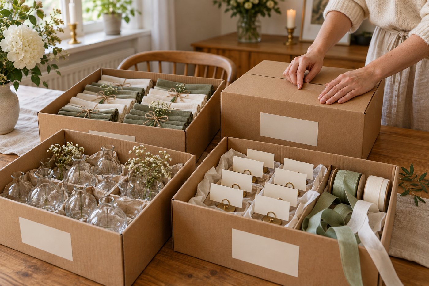 Packlådor med dukning och dekoration inför bröllopet